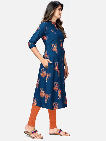 Blue Printed A-Line Rayon Kurta