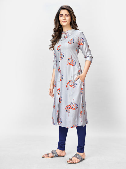 Grey Printed A-Line Rayon Kurta