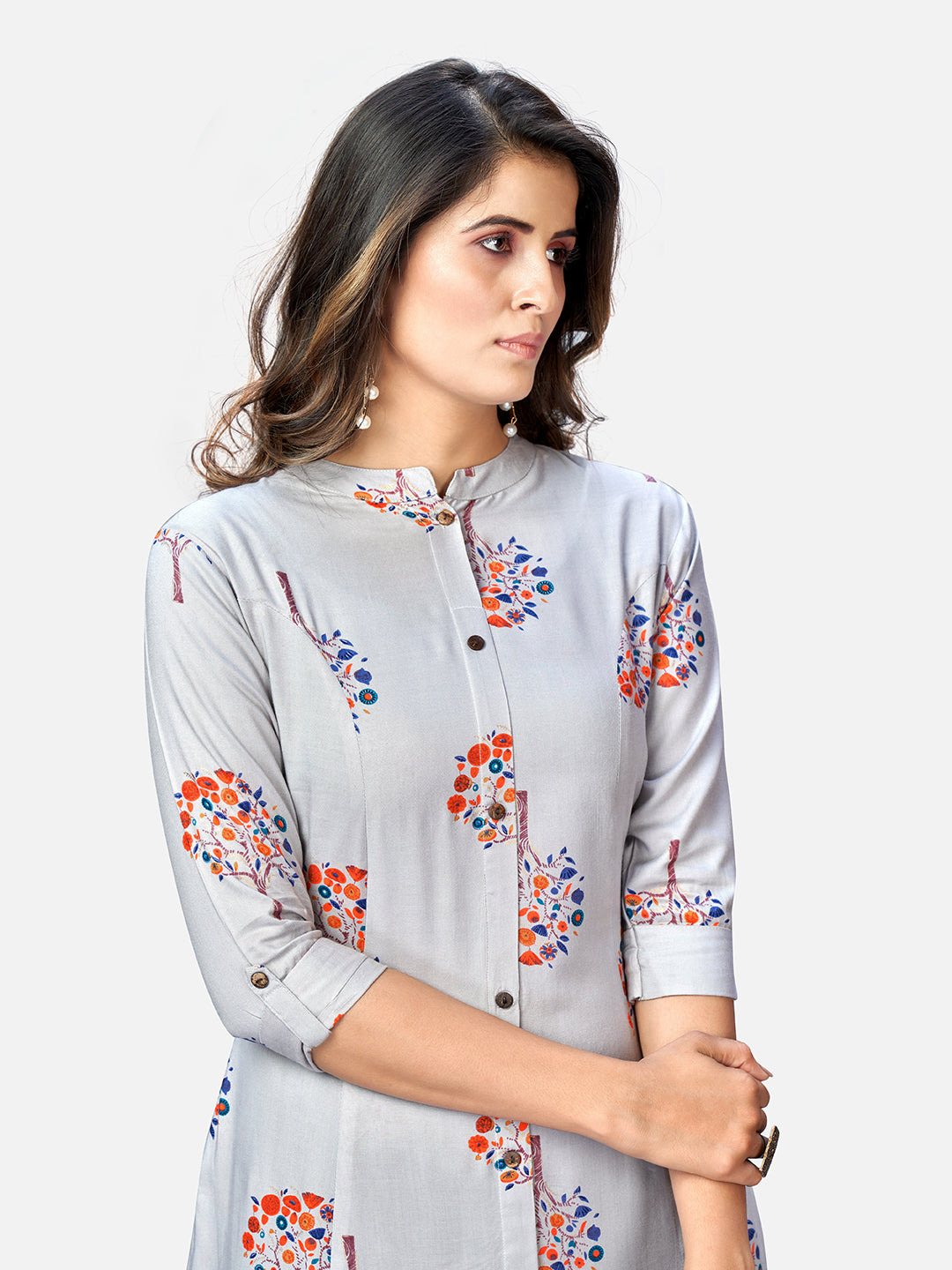 Grey Printed A-Line Rayon Kurta