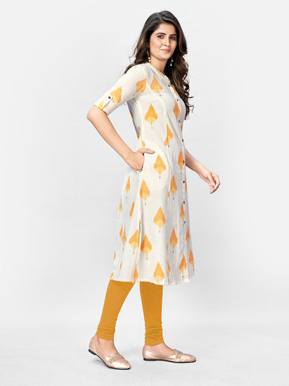 Beige Printed A-Line Cotton Kurta