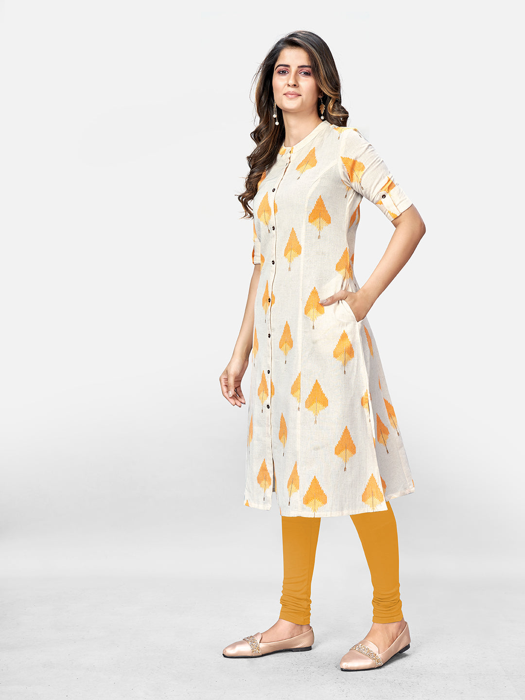 Beige Printed A-Line Cotton Kurta