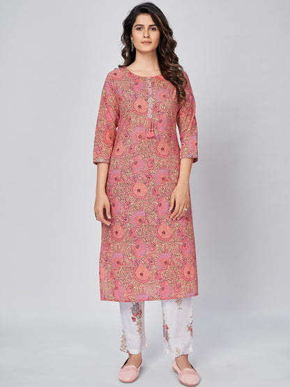 Pink Embroidered Straight Cotton Kurta Set