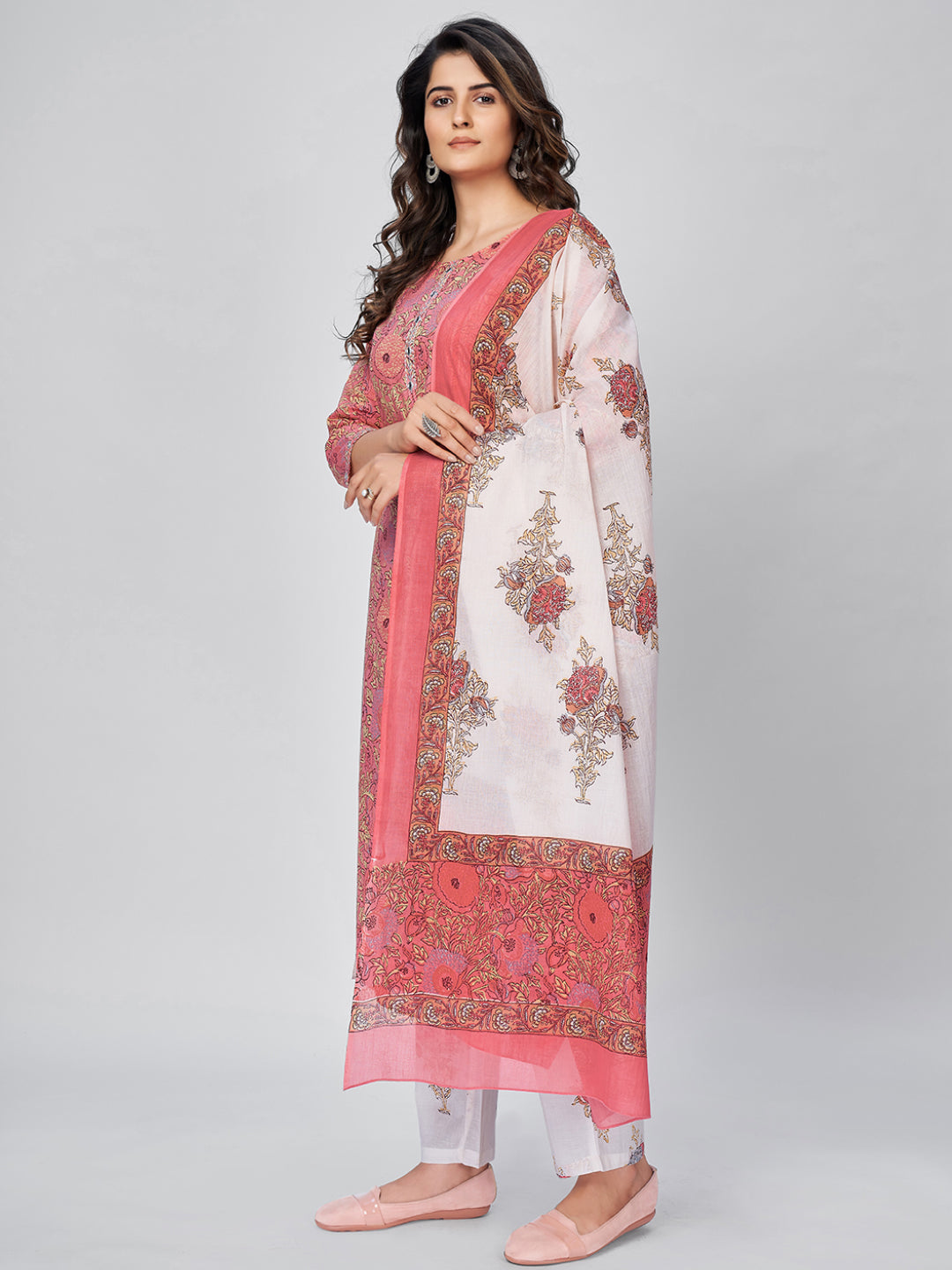 Pink Embroidered Straight Cotton Kurta Set