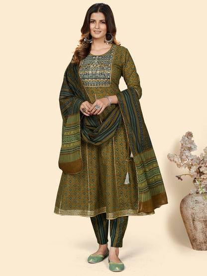 Mahendi Green Embroidered Anarkali Cotton Kurta Set