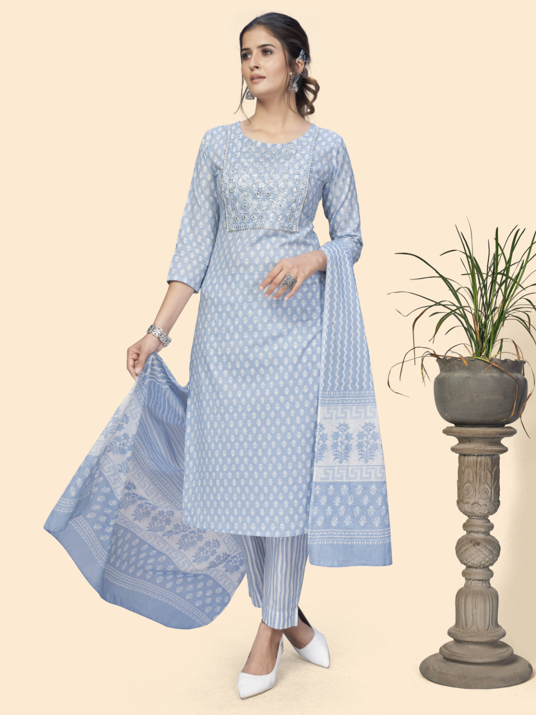 Sky Blue Embroidered Straight Cotton Kurta Set