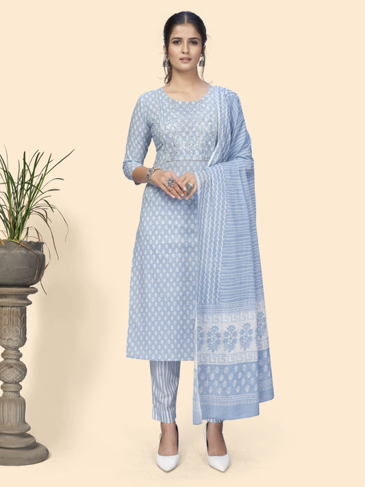 Sky Blue Embroidered Straight Cotton Kurta Set