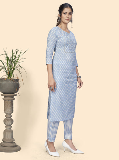 Sky Blue Embroidered Straight Cotton Kurta Set