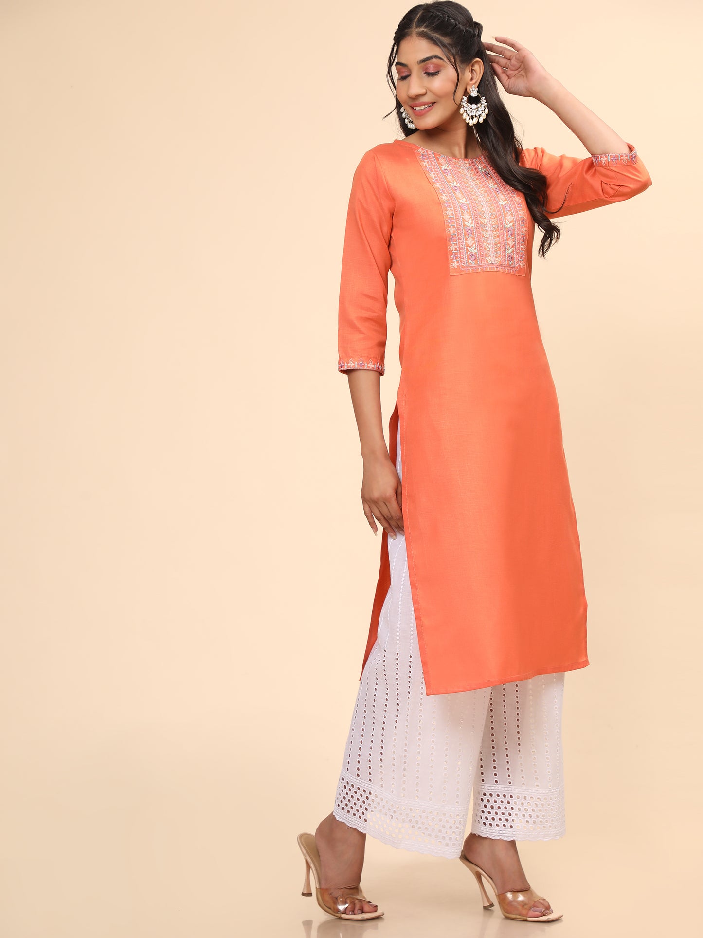 Orange Embroidered Straight Cotton Blend Kurta