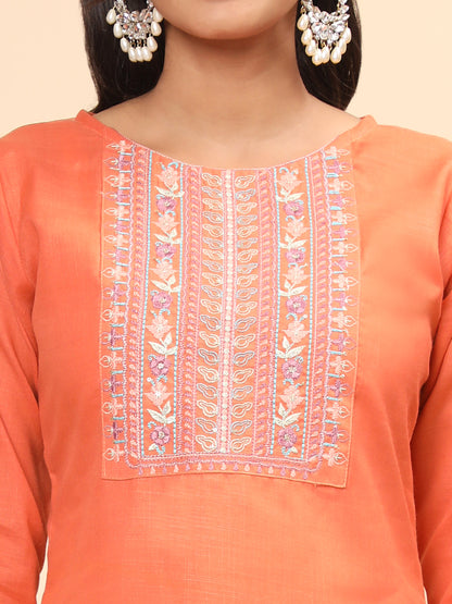 Orange Embroidered Straight Cotton Blend Kurta