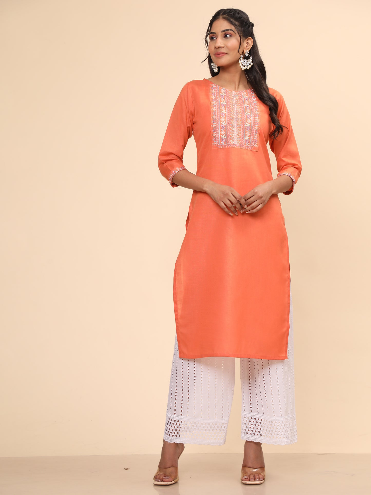 Orange Embroidered Straight Cotton Blend Kurta