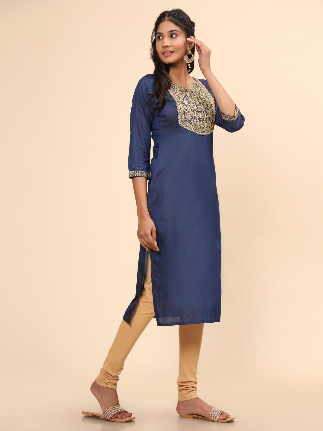 Blue Embroidered Straight Chanderi Kurta