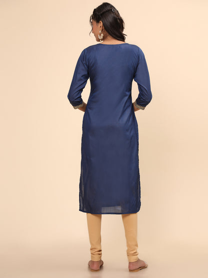 Blue Embroidered Straight Chanderi Kurta