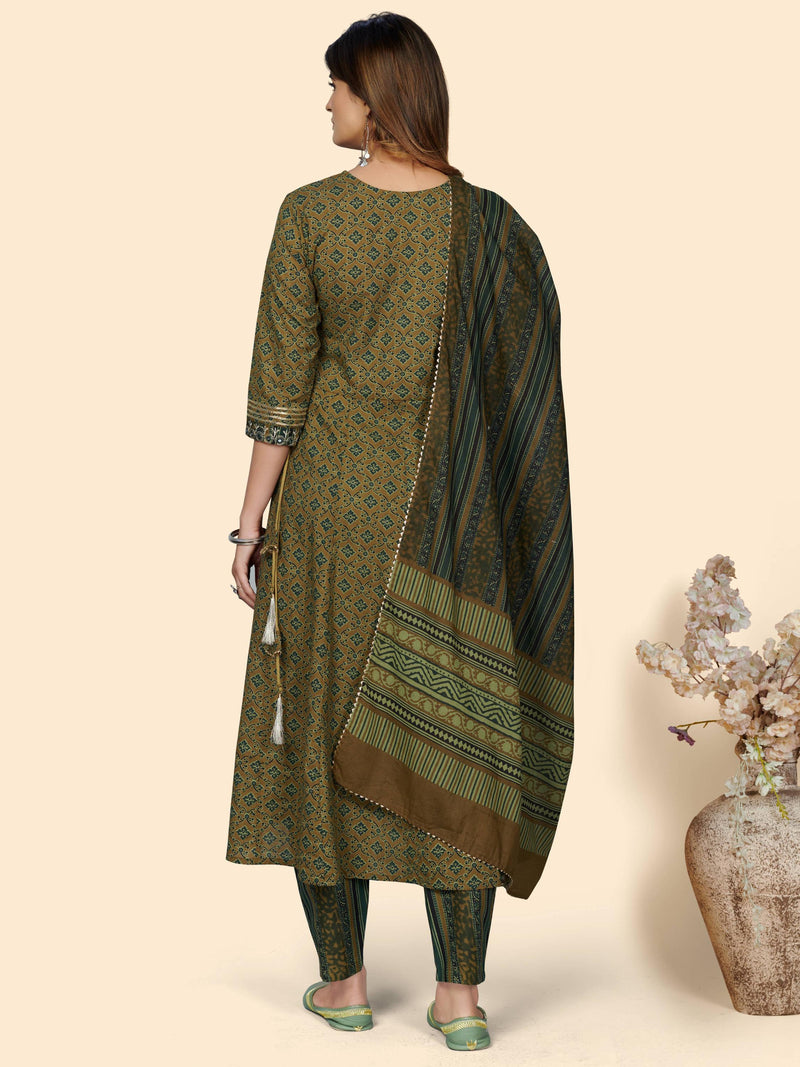 Mahendi Green Embroidered Anarkali Cotton Kurta Set