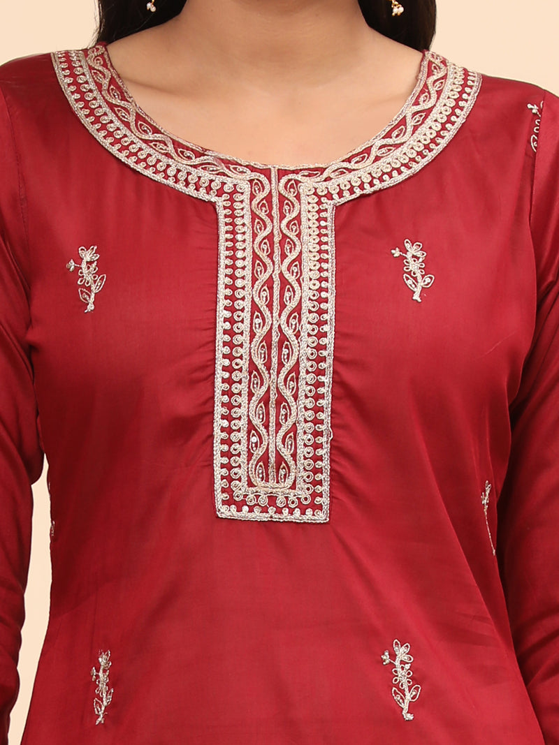 Maroon Embroidered Straight Chanderi Kurta