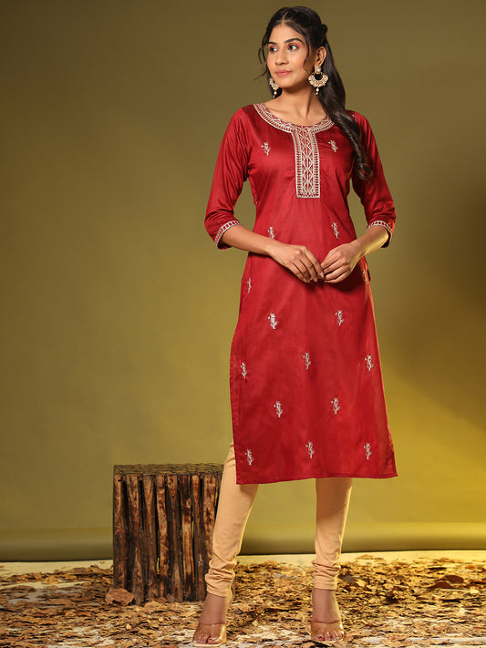 Maroon Embroidered Straight Chanderi Kurta