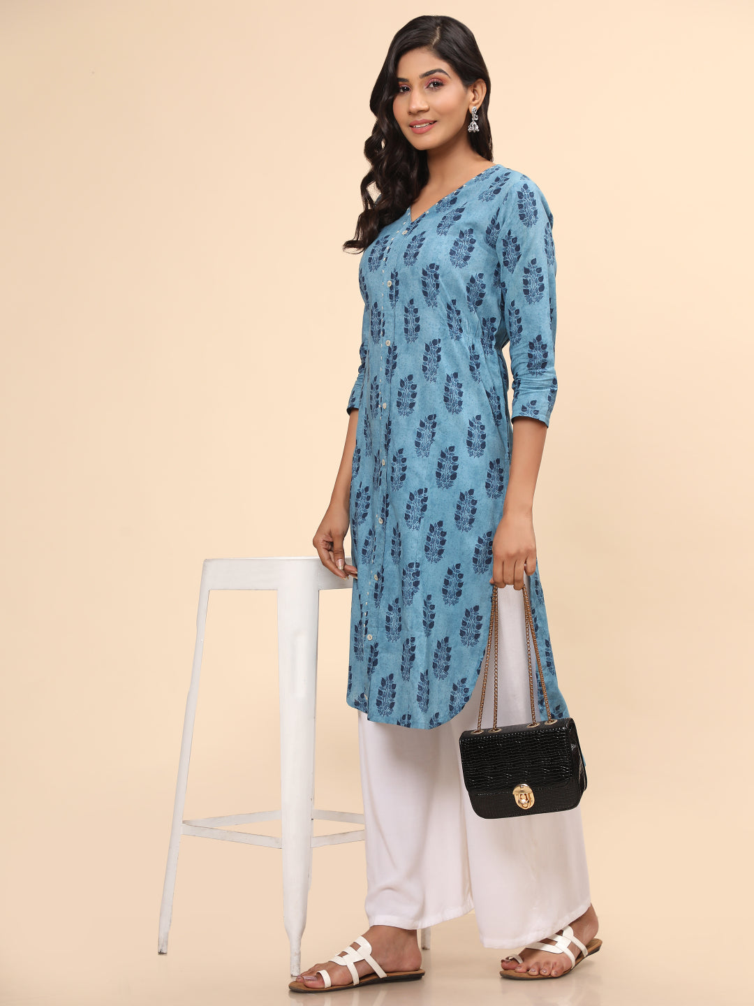 Blue Printed Asymmetric Cotton Kurta