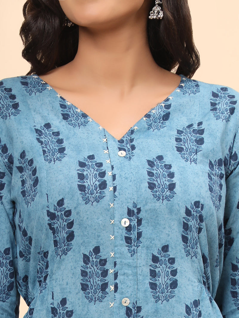 Blue Printed Asymmetric Cotton Kurta