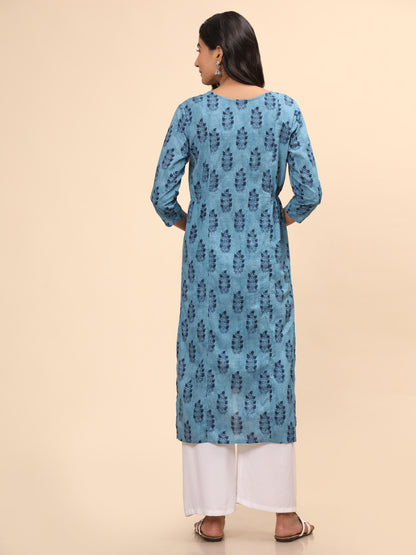 Blue Printed Asymmetric Cotton Kurta