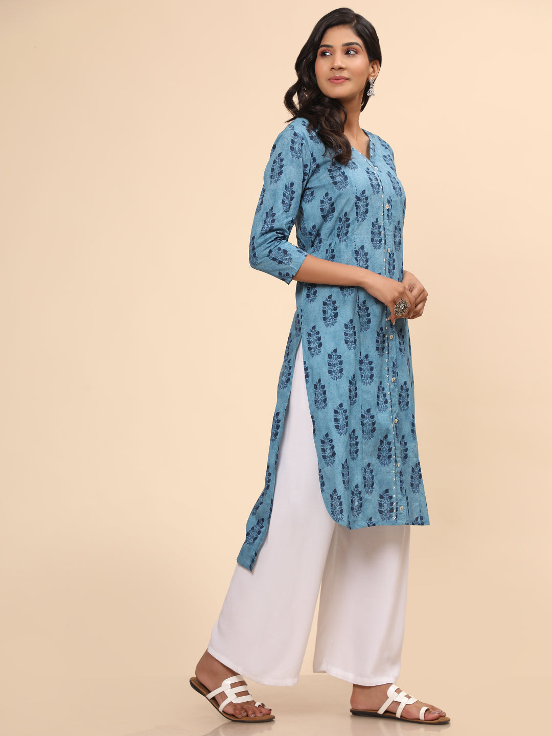 Blue Printed Asymmetric Cotton Kurta