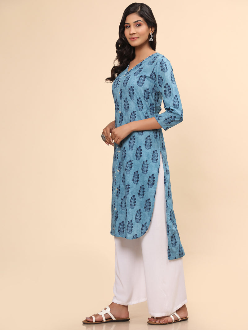 Blue Printed Asymmetric Cotton Kurta