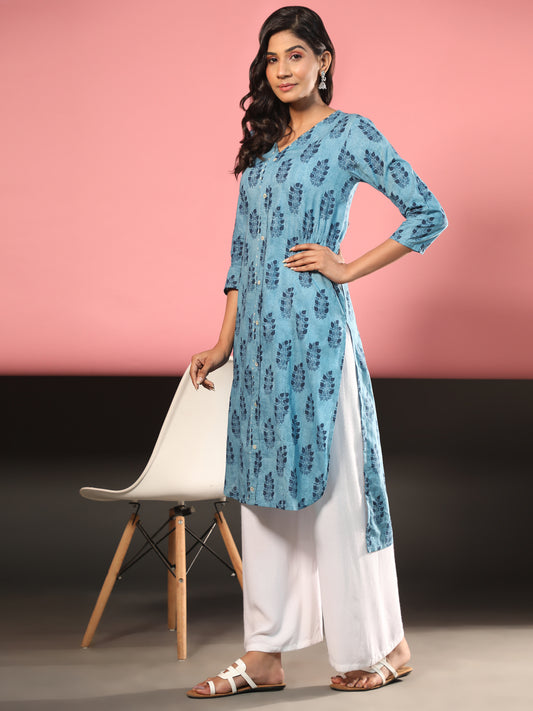 Blue Printed Asymmetric Cotton Kurta