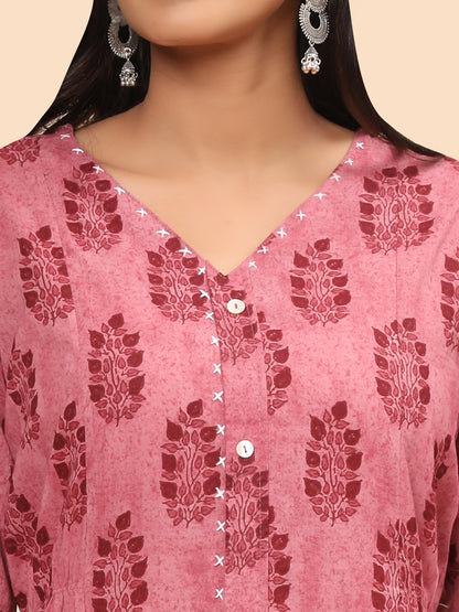 Pink Printed Asymmetric Cotton Kurta