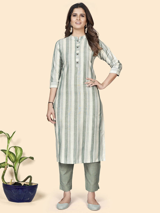 Pista Striped Print Straight Cotton Blend Kurta