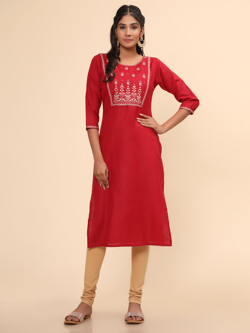 Red Embroidered Straight Cotton Blend Kurta