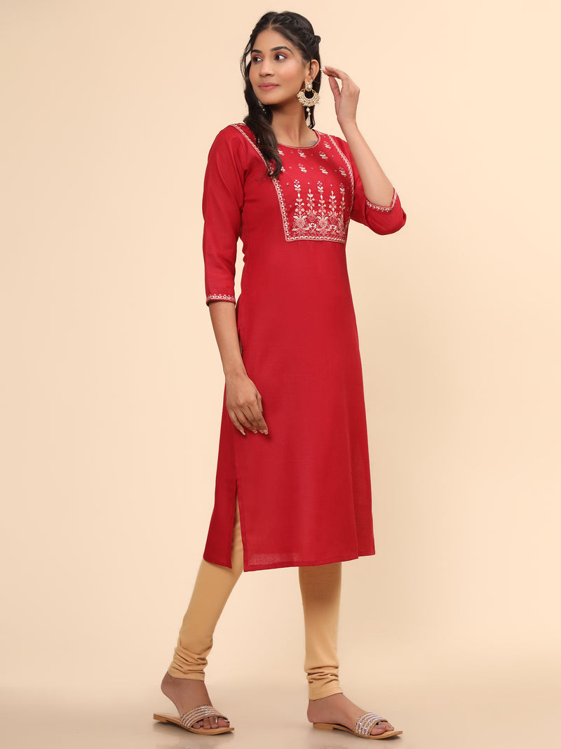 Red Embroidered Straight Cotton Blend Kurta