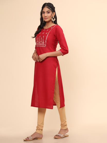 Red Embroidered Straight Cotton Blend Kurta