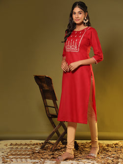 Red Embroidered Straight Cotton Blend Kurta