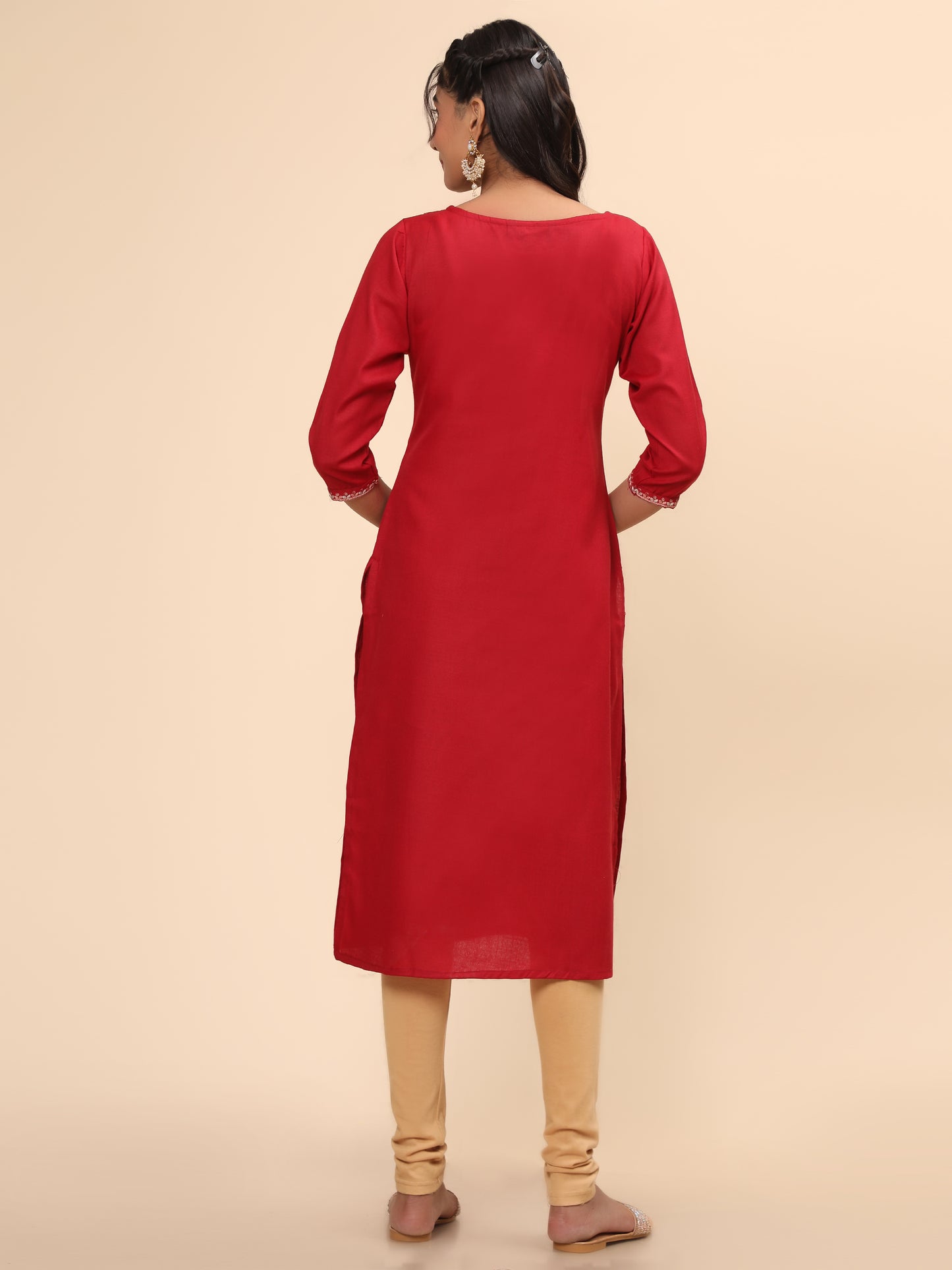 Red Embroidered Straight Cotton Blend Kurta