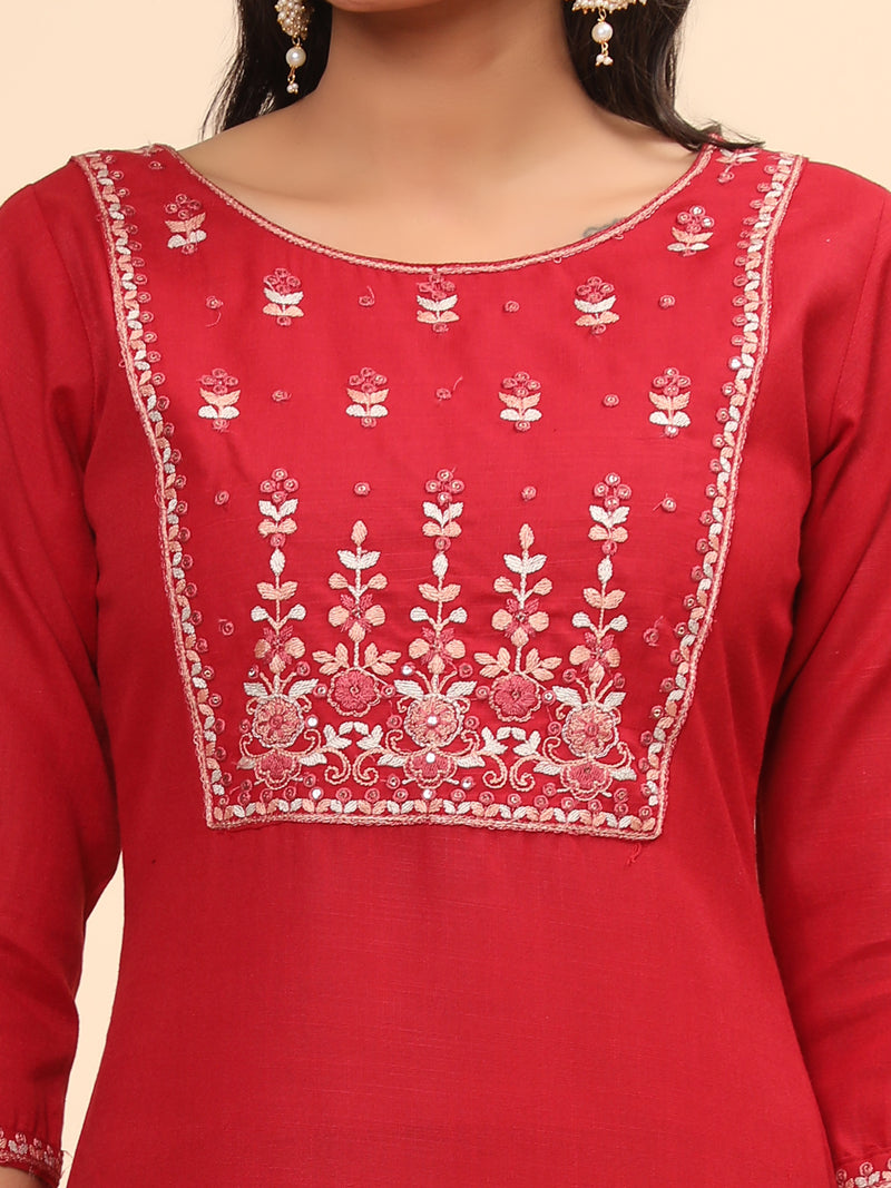 Red Embroidered Straight Cotton Blend Kurta