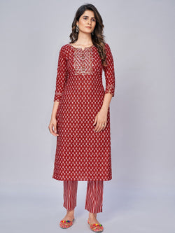 Red Embroidered Straight Cotton Kurta Set