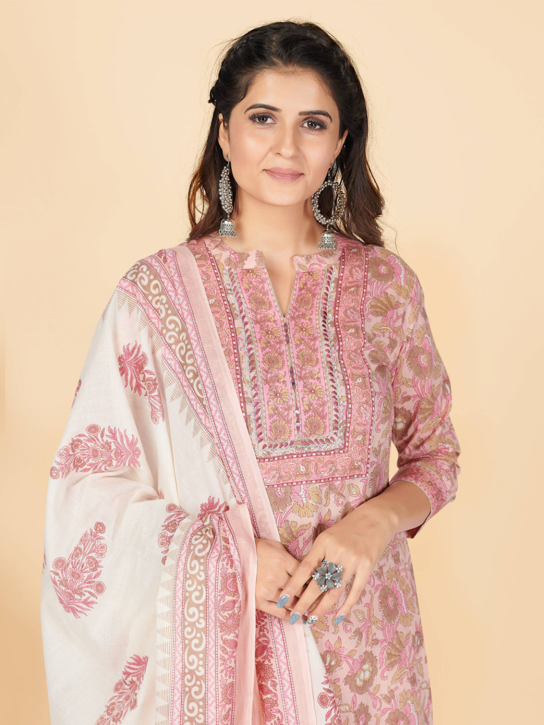 Peach Embroidered Straight Cotton Kurta Set