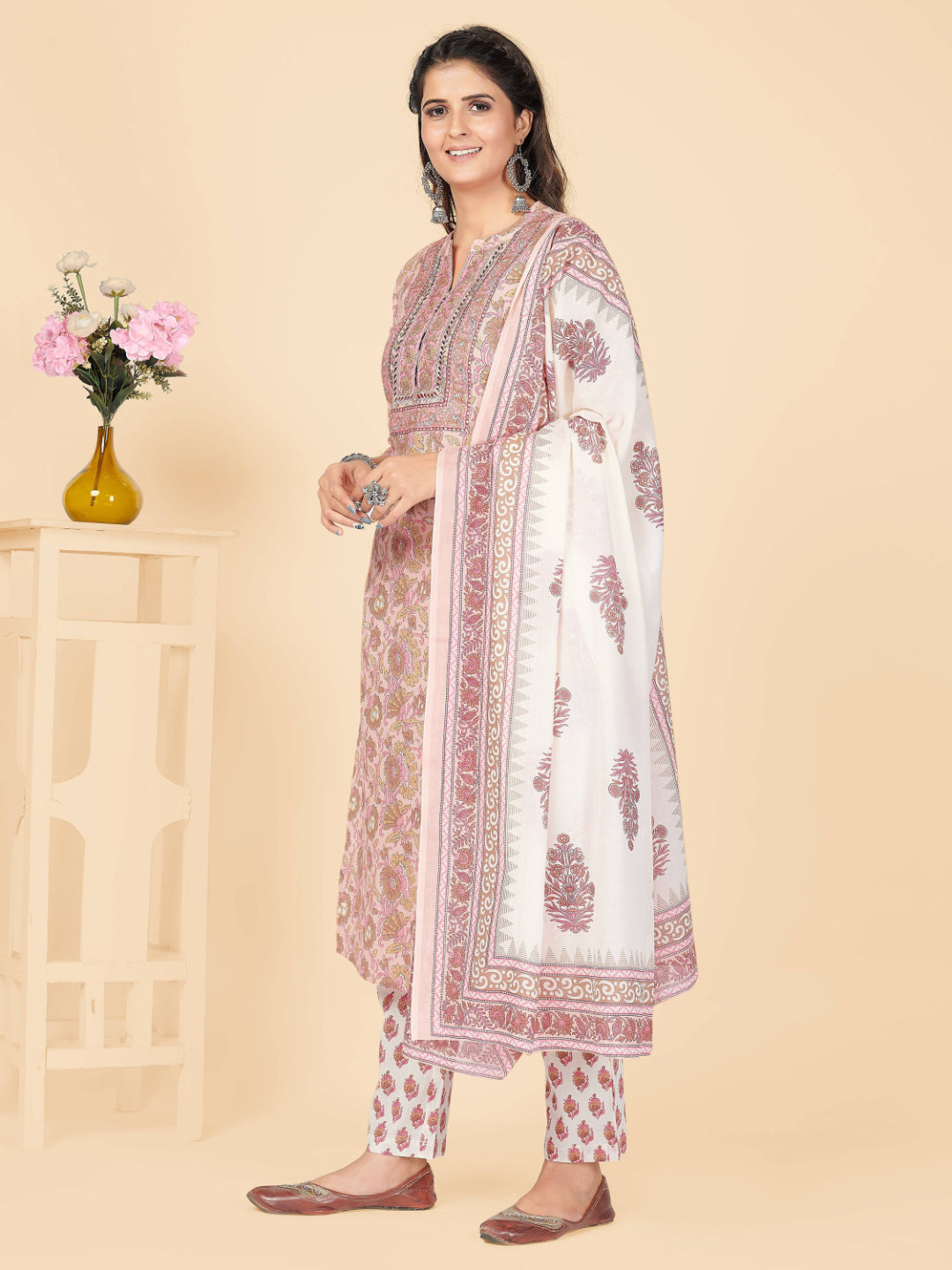 Peach Embroidered Straight Cotton Kurta Set