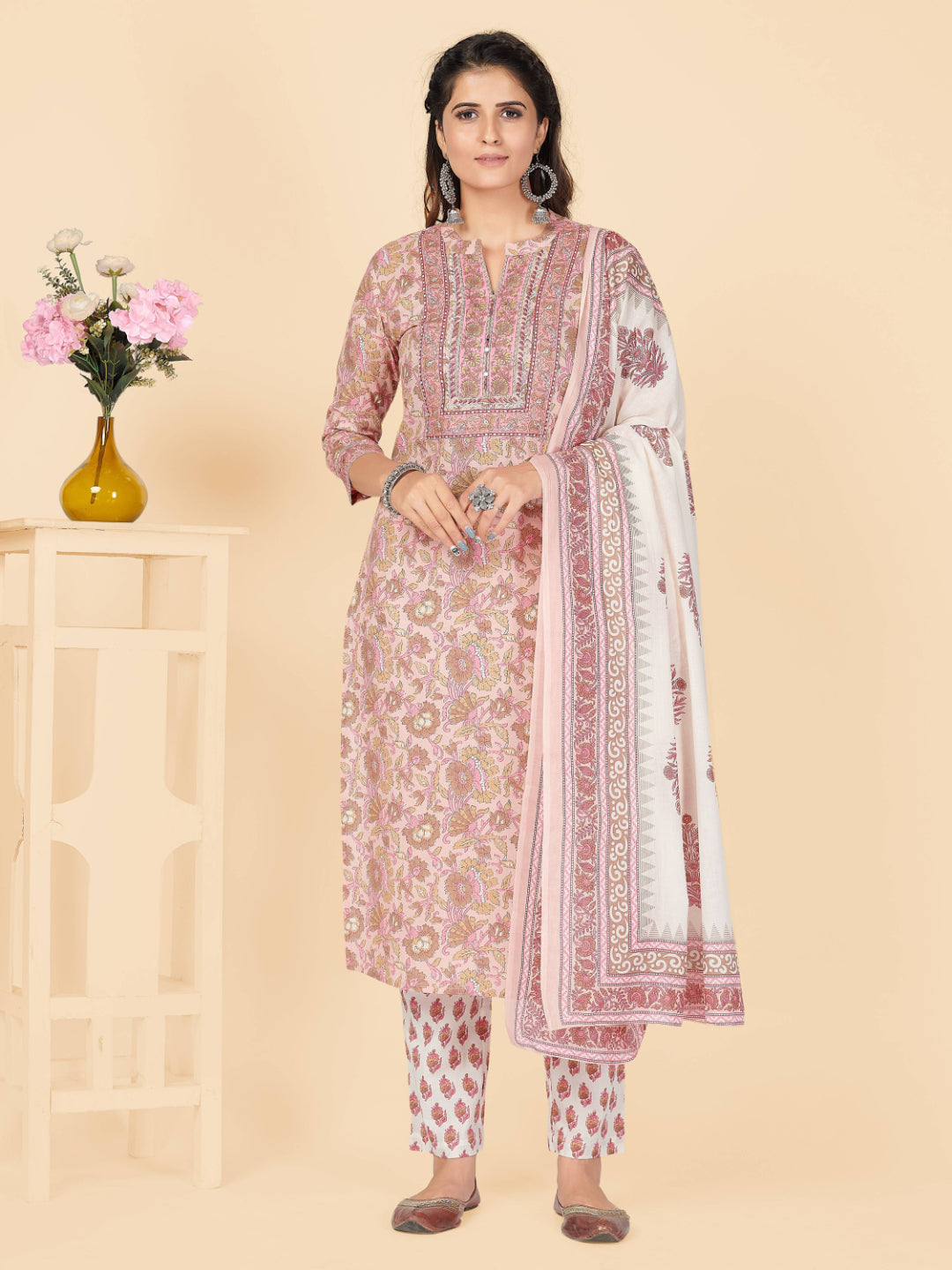 Peach Embroidered Straight Cotton Kurta Set