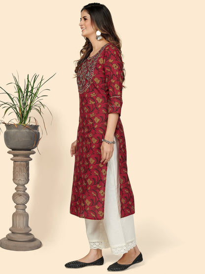 Red Embroidered Straight Cotton Kurta