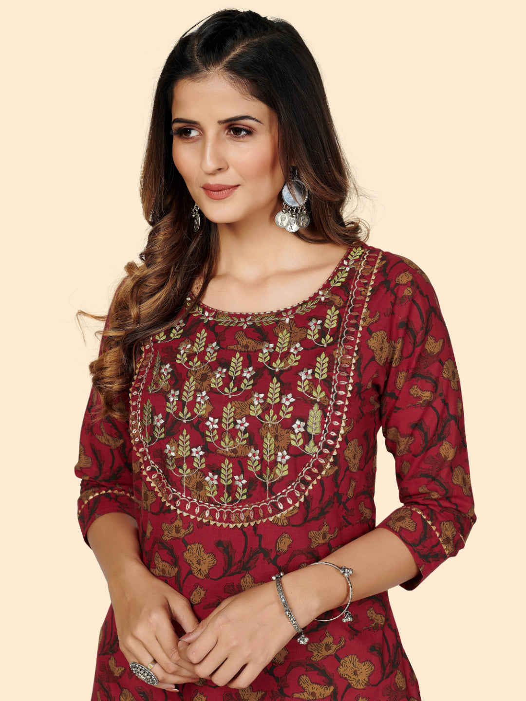 Red Embroidered Straight Cotton Kurta