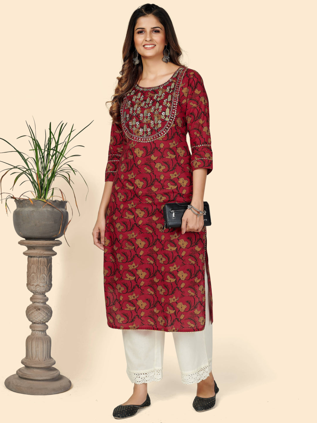 Red Embroidered Straight Cotton Kurta