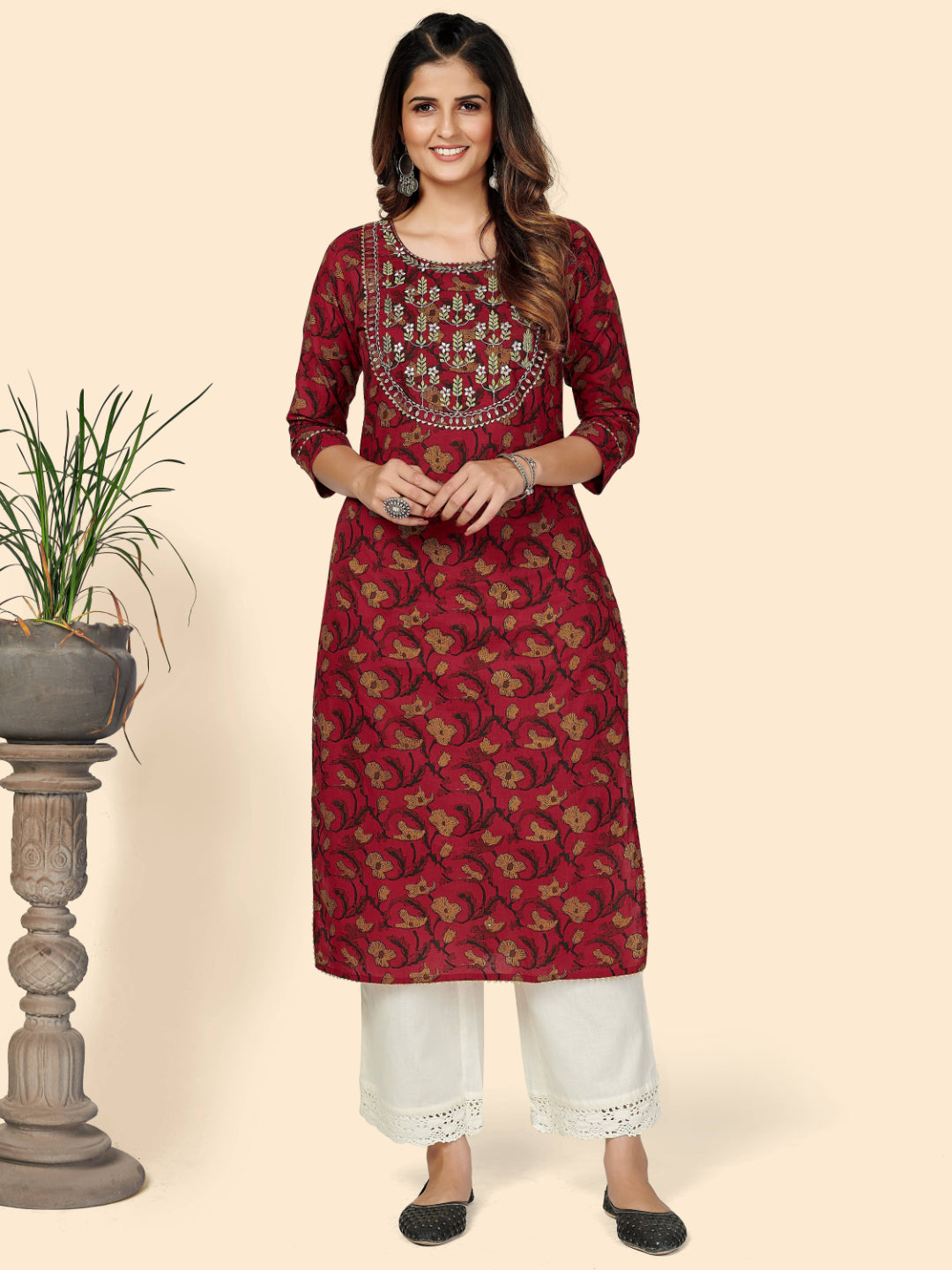 Red Embroidered Straight Cotton Kurta