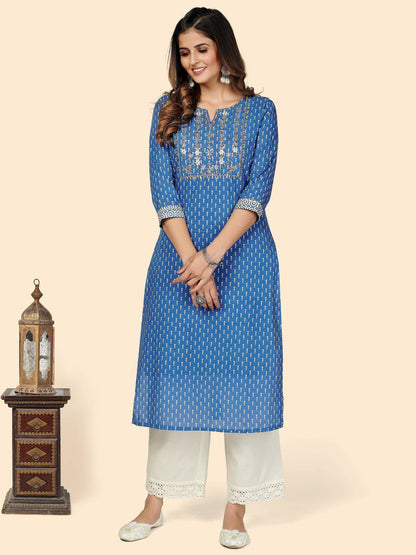 Blue Embroidered Straight Cotton Kurta