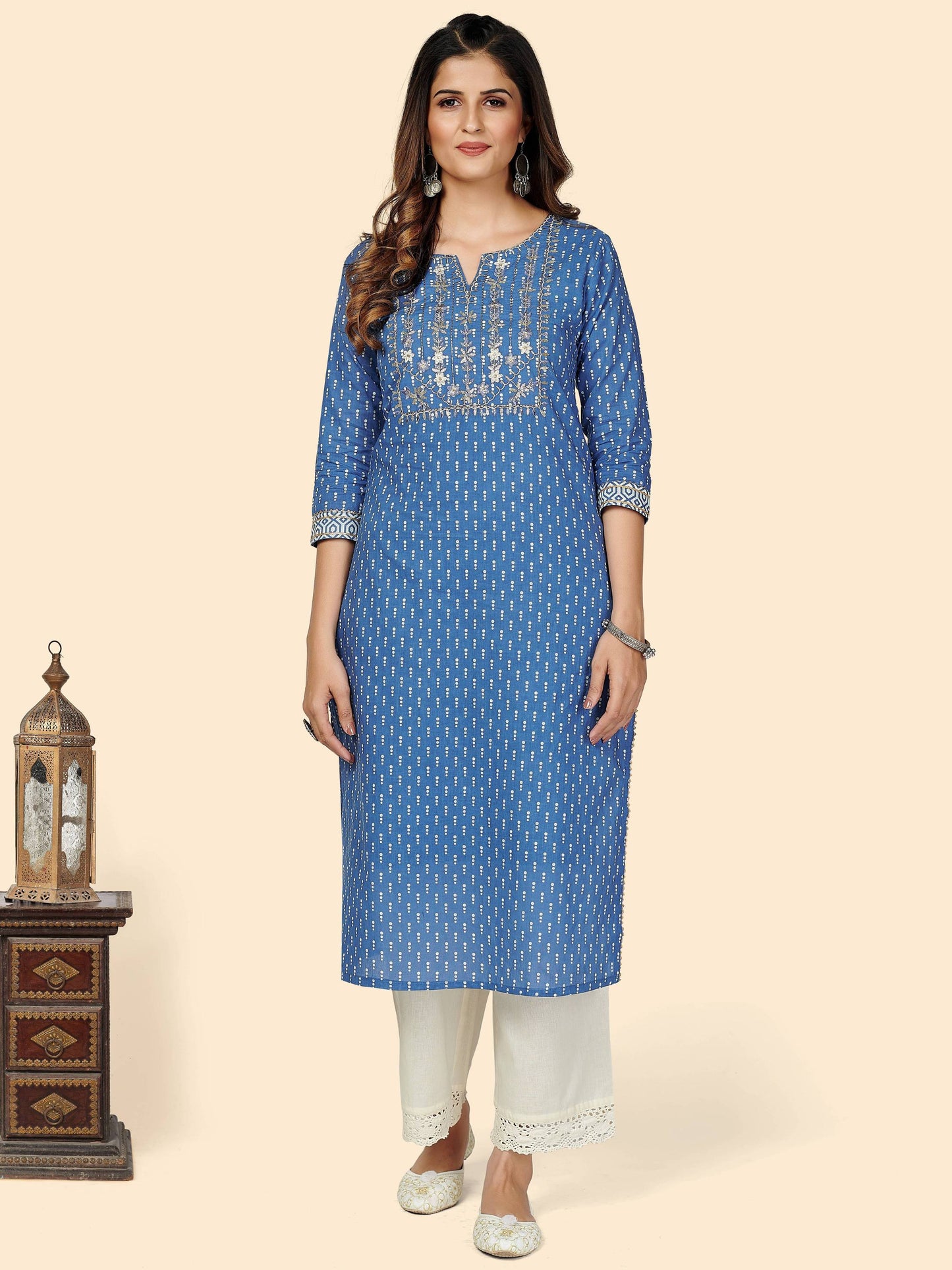 Blue Embroidered Straight Cotton Kurta