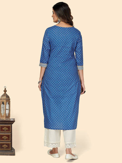 Blue Embroidered Straight Cotton Kurta