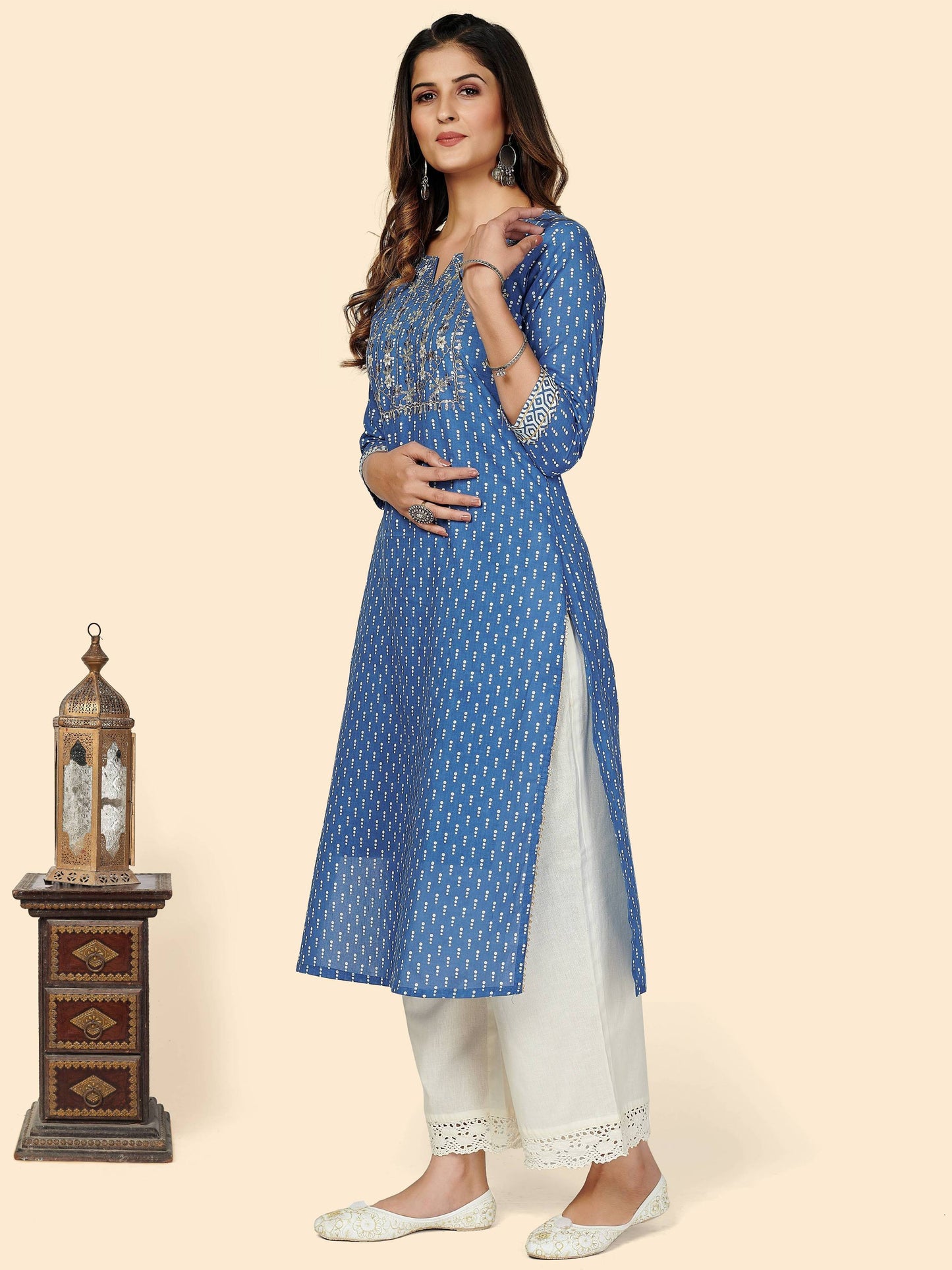 Blue Embroidered Straight Cotton Kurta