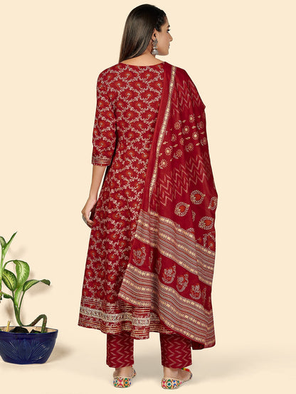 Red Embroidered Anarkali Cotton Kurta Set