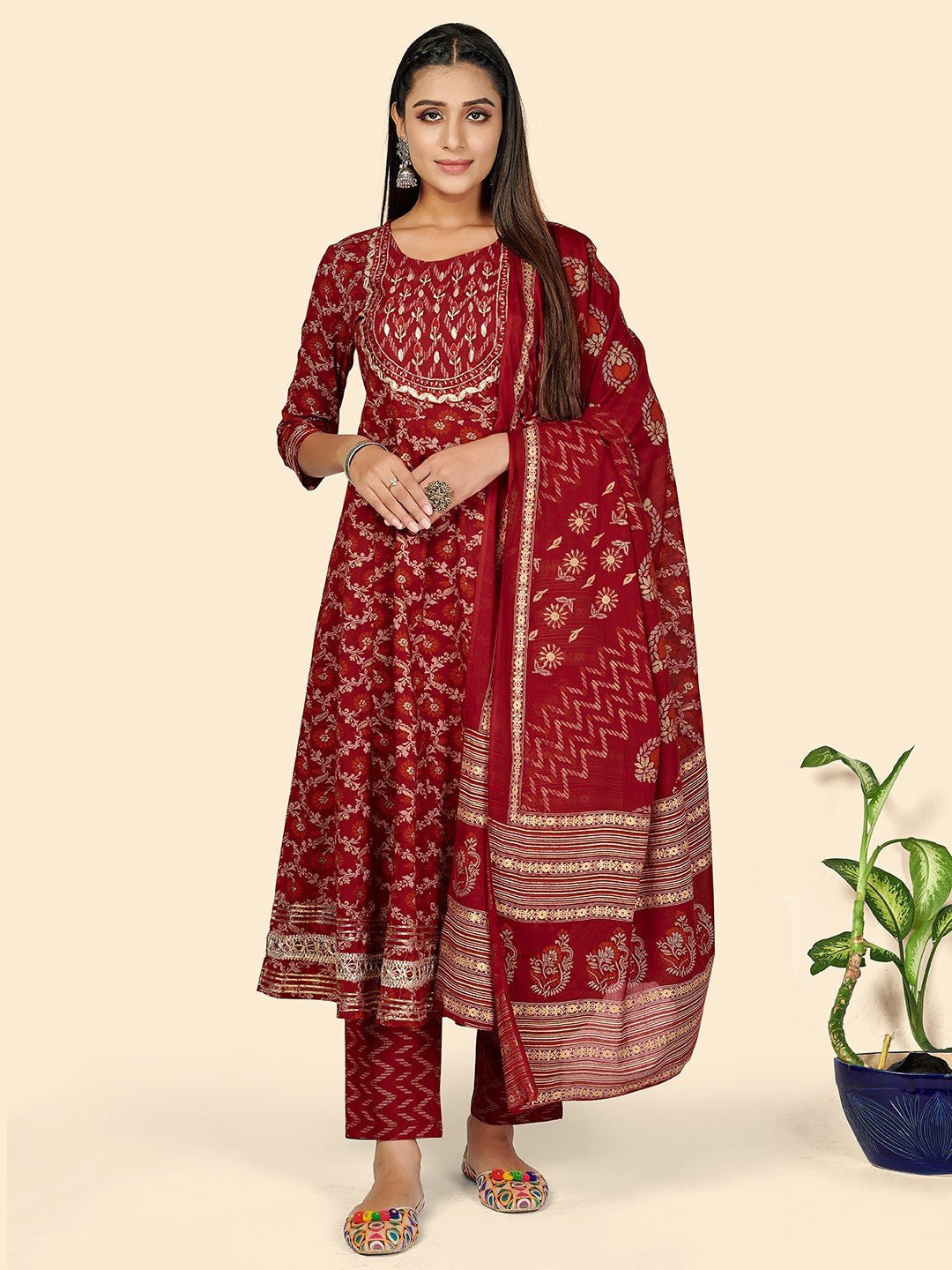 Red Embroidered Anarkali Cotton Kurta Set