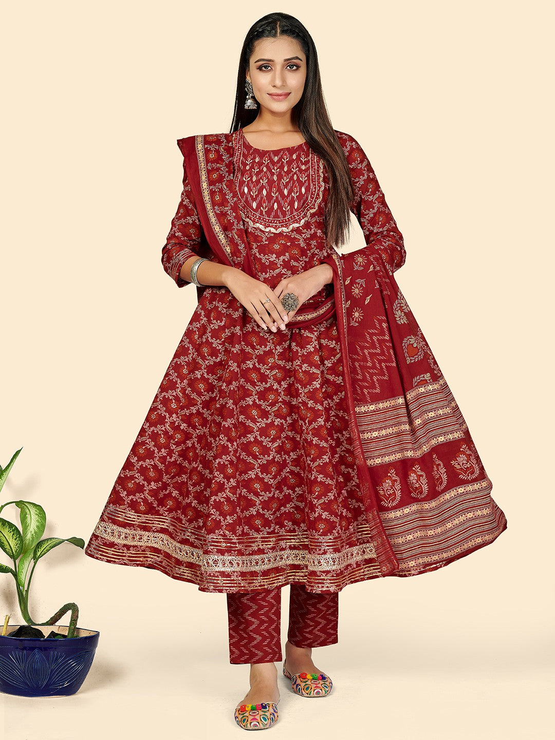 Red Embroidered Anarkali Cotton Kurta Set