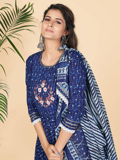 Blue Printed Anarkali Cotton Kurta Set