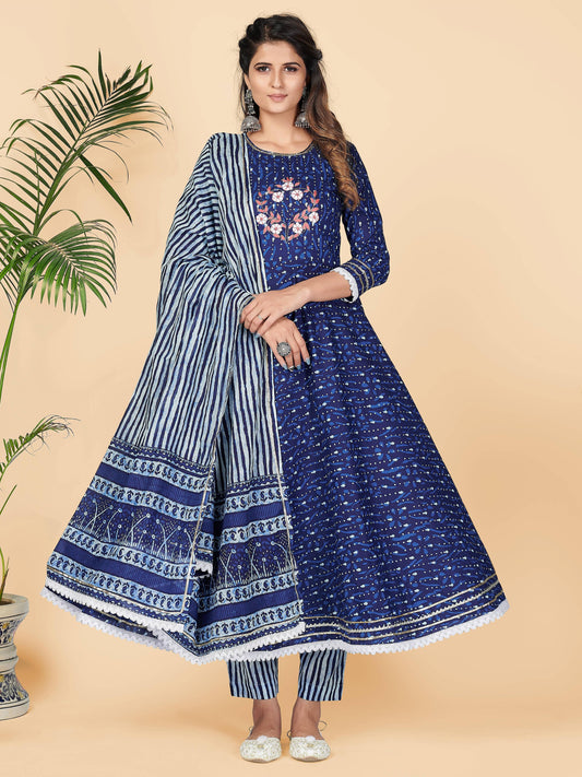 Blue Printed Anarkali Cotton Kurta Set